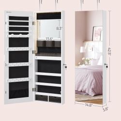 SONGMICS Mirror Jewelry Cabinet Armoire Organizer Wall Full-Length Frameless Lighted - White  