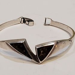 Rare Vintage Hinged Sterling Silver Bracelet With Smoky Quartz