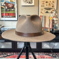Vintage 100% Wool Brown Made in USA Flat Brim Western Fedora Hat Large
