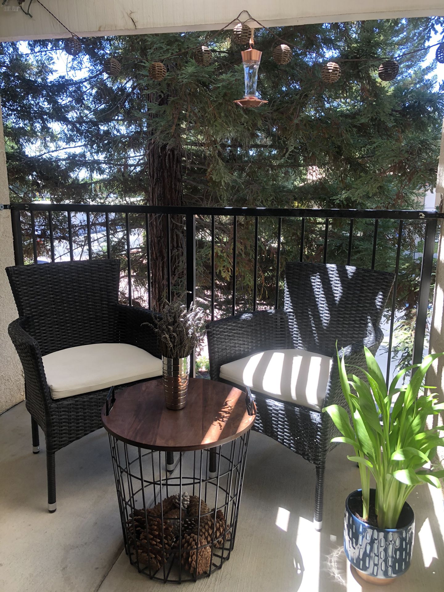 Set of 2 Patio Chairs with Modern wooden/iron Table.