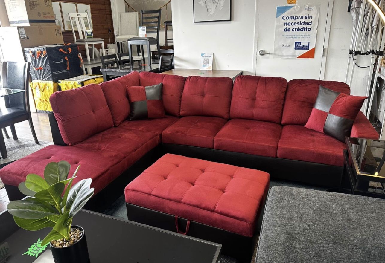 Red Microfiber Sectional Couch And Storage Ottoman