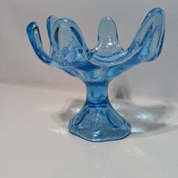6" Vintage Blue Art Glass Pedestal Bowl Ruffled Edge Mid Century Modern Decor
