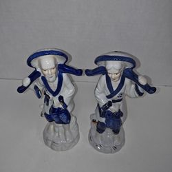Chinese Fisherman Couple Figurines With Fish Catch Porcelain Vintage Decor Set