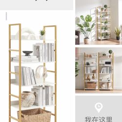 5 Tier Glod Bookshelf, Open Shelf for Storage, Tall Narrow Bookcase, 5 Shelf Corner Bookshelf with E