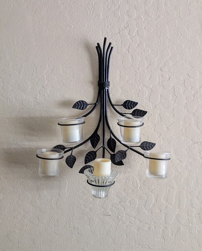 vintage metal floral wall sconce hanging bouquet branches leaves candle votive holder