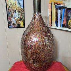 Large 28" Vase Covered in 3/8" mirror Squares. 5" Metal Neck
