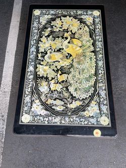 Vintage Korean Chinoiserie Mother Of Pearl Inlay, Peacock Low Folding Tea Table