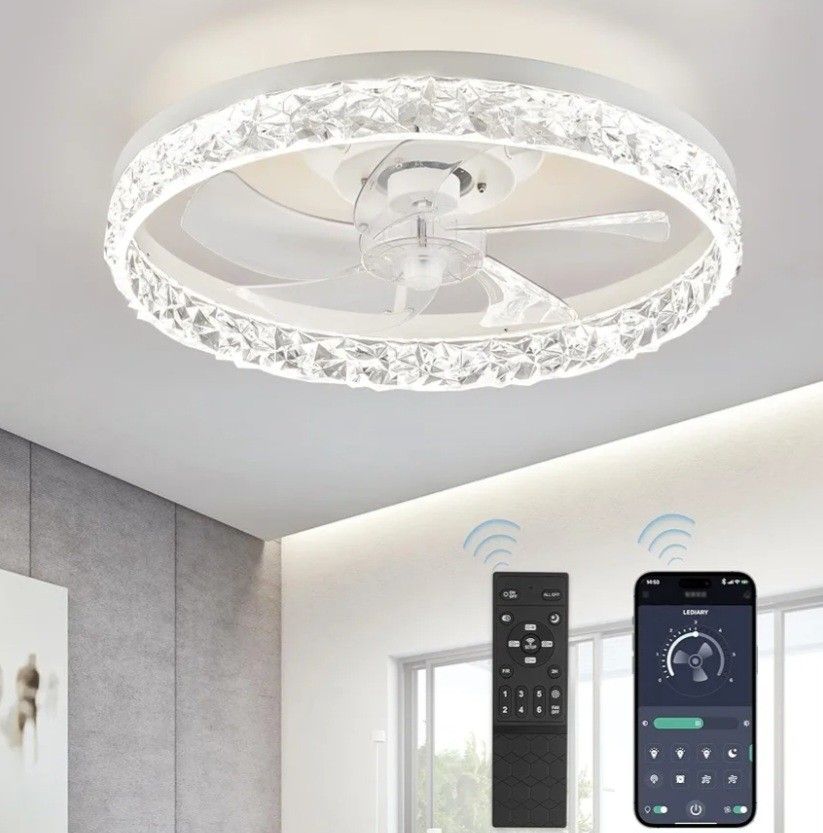 AQUBT 20in Modern LED Ceiling Fan White Decorative With Remote 6speed Reverse Timer Dimmable Opn Bx New