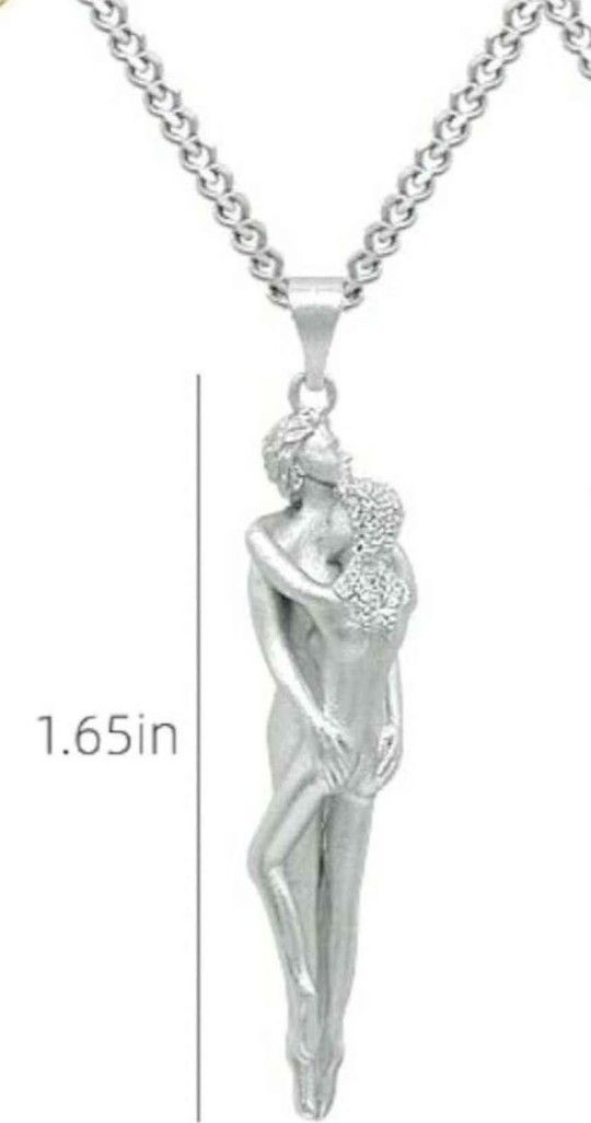 NEW! Romantic Couple Hug Necklace, 24" chain, 1.65" pendant, copper material, silver color