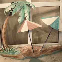 Tropical Metal Palm Tree Umbrella Beach Wall Decor