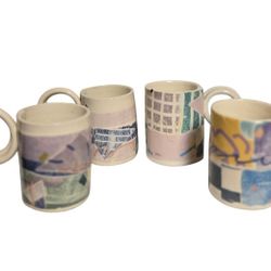 artisian  crafted coffee tea mugs in pastel colors 80s like design set of 4