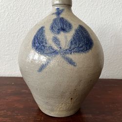 Antique 1800s Salt-Glaze Stoneware Jug w/ Cobalt Tulip – 1 Gallon