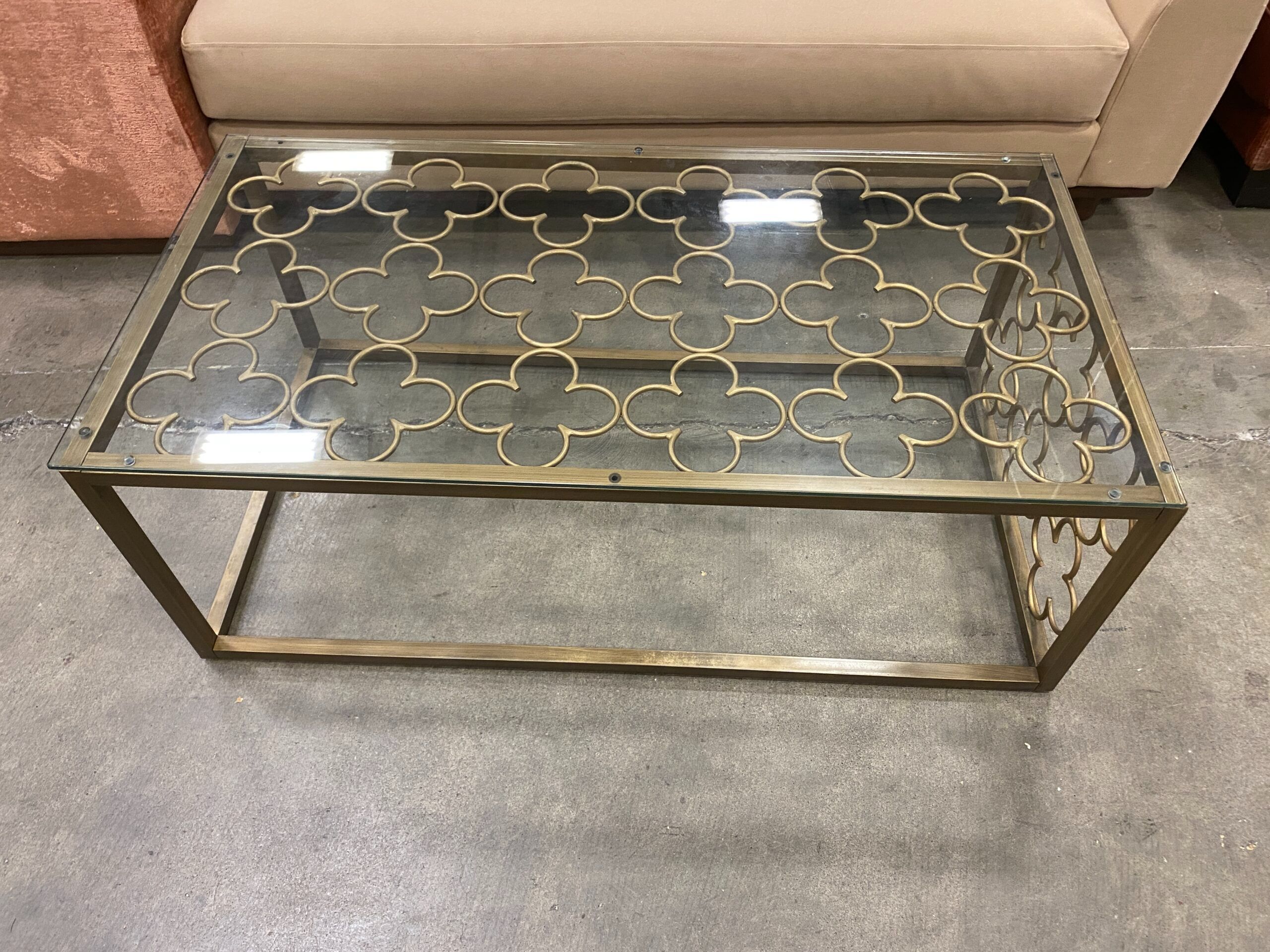 Gold Tone Quatrefoil Open Frame Coffee Table with Glass Top