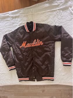 Vintage Mauldin Varsity Satin Snap Button Jacket Brown Orange White Men’s Large