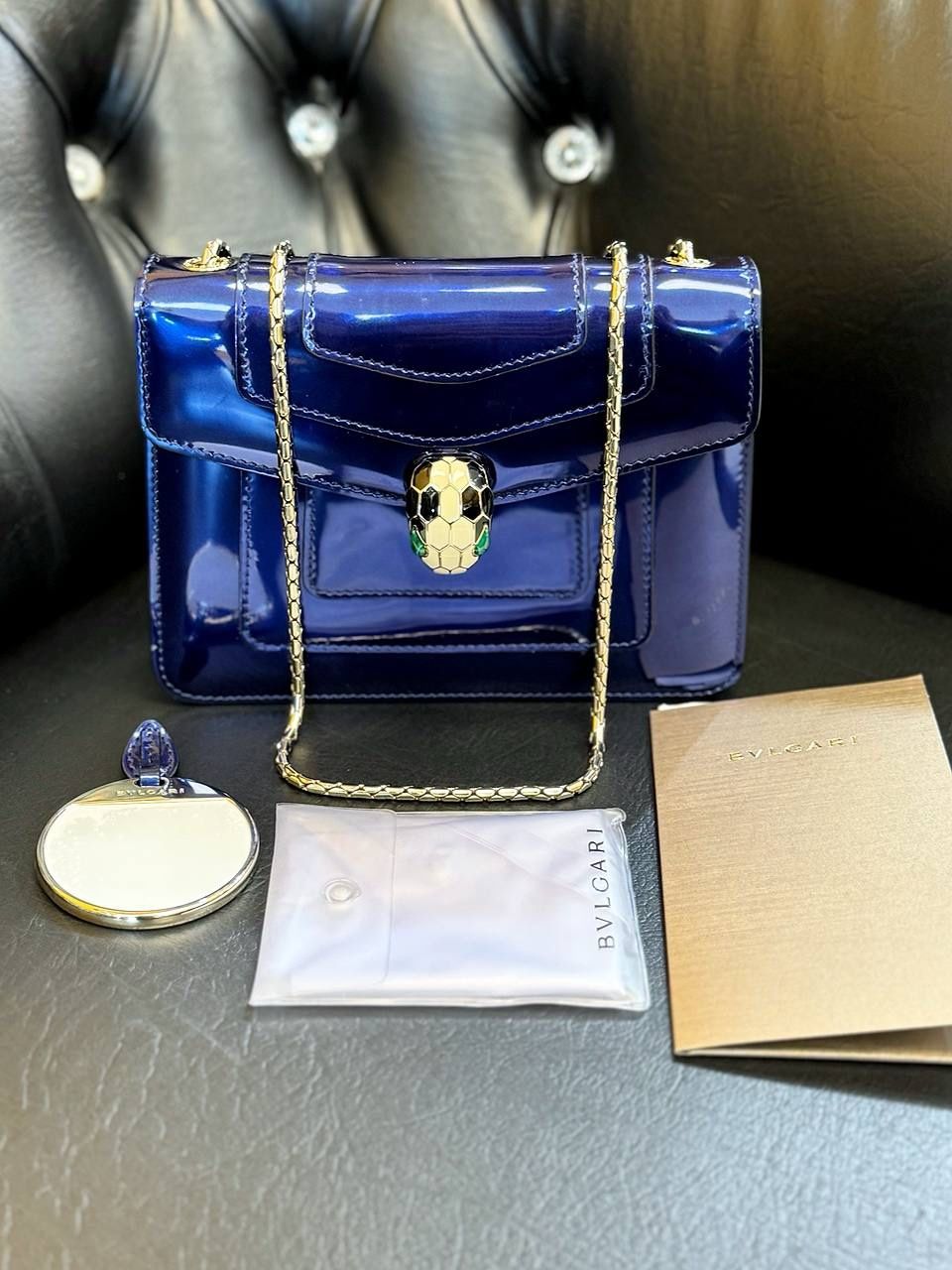 Bvlgari Serpenti Forever Square Crossbody Shoulder Bag Brushed Metallic calf Royal Sapphire Leather Receipt & Mirror