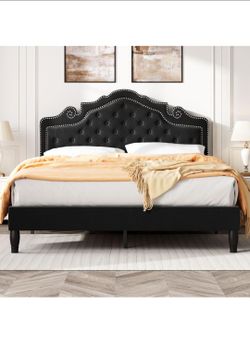 Queen Velvet Bed Frame With Adjustable Headboard