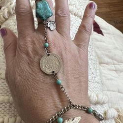 New Handmade Silver & Turquoise Hand Bracelet