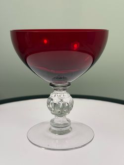 (1) Gorgeous Vintage ruby red glass champagne coupe or tall sherbet with a clear decorative stem, mid-century pressed glass pattern.