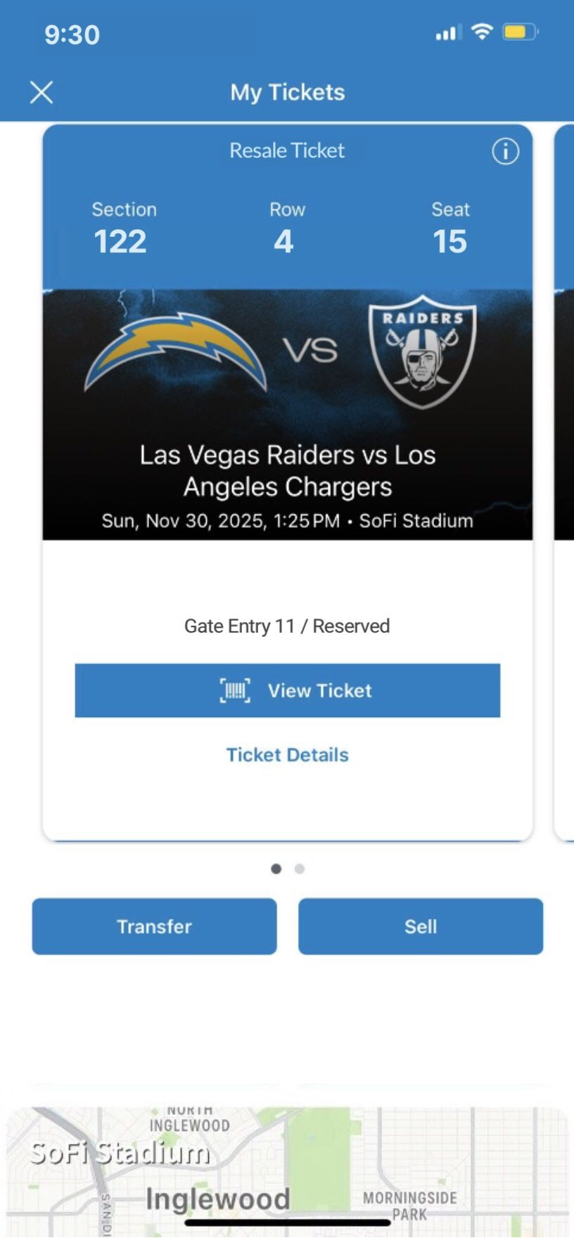 Los Angeles Charges vs Las Vegas Raiders game at SoFi Stadium - Sec 122, Row 4, Seats 15 & 16 - Nov 30.