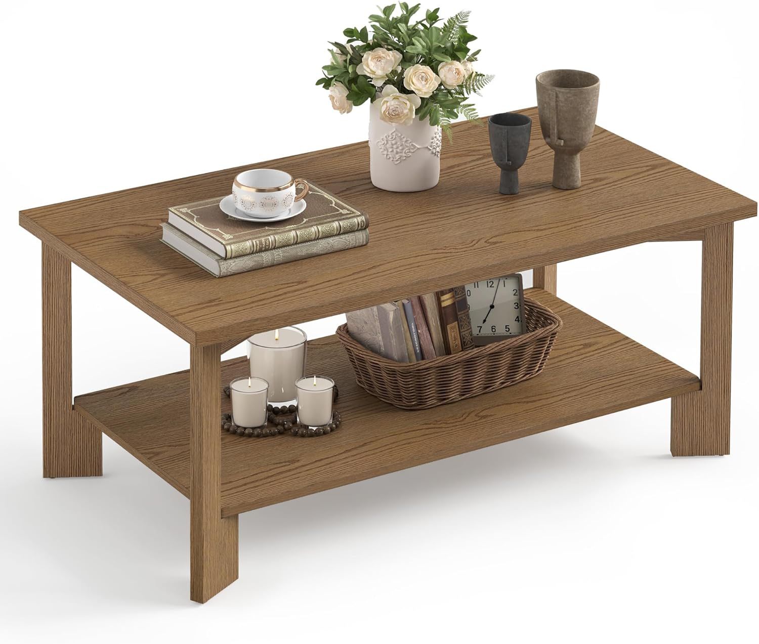 Wood Coffee Table, 39" Rectangle Rustic Center Table with 2-Tier Storage Shelf for Living Room  ( Dark Brown )  (Dark Wood)  (Grey)  (Walnut&White)