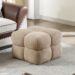   21" Light Brown Funky Ottoman, Square Fuzzy Couch Sherpa Pouf Ottoman, Tufted Fluffy Boucle Fabric Foot Stools, Upholsered Footrest & Coffee Table f