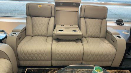 Real Leather Electric Reclining Sofa With Drop Down Console USB Plug Ins Adjustable Lights Heated Seats And Air Massage