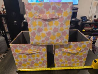 Three fabric cube drawers pink yellow flowers 10.5 x 10.5 x 10.5