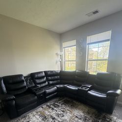 Black Breathing Leather Electric Sectional Recliner Sofa Set With speaker