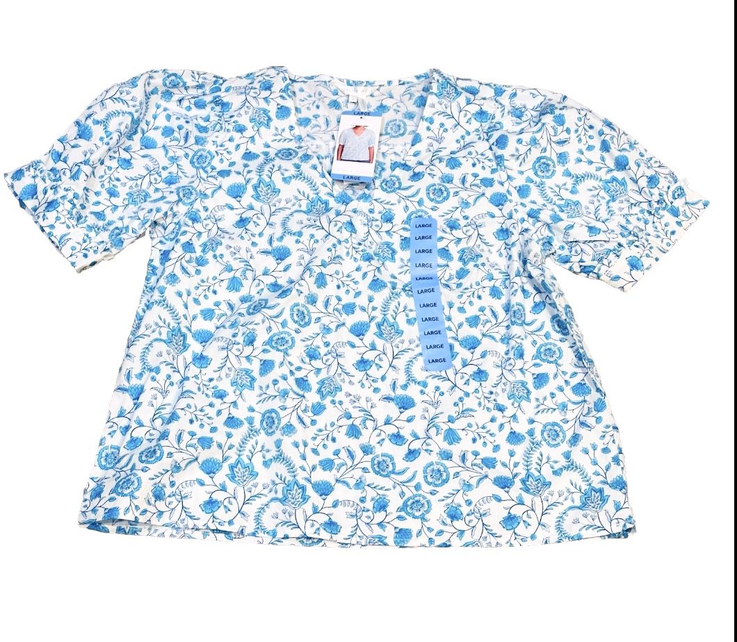 Draper James NWT Short Puff Sleeve Floral Blouse Sz L Women’s Blue White V Neck
