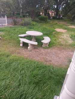Mosaic And Cement Outside Table And 3 Benches