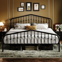 Black King Size Metal Platform Bed Frame with Vintage Victorian Headboard & Footboard, Adult