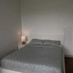 Queen bed with storage boxes, mattress and nightstand