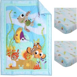 Pices Blue Ocean Theme Nursery Crib Bedding Set Embroidery Turtle Crown Fish Crib Bedding Set for Girls Boys 1 Quilt +2 Fitted Sheet