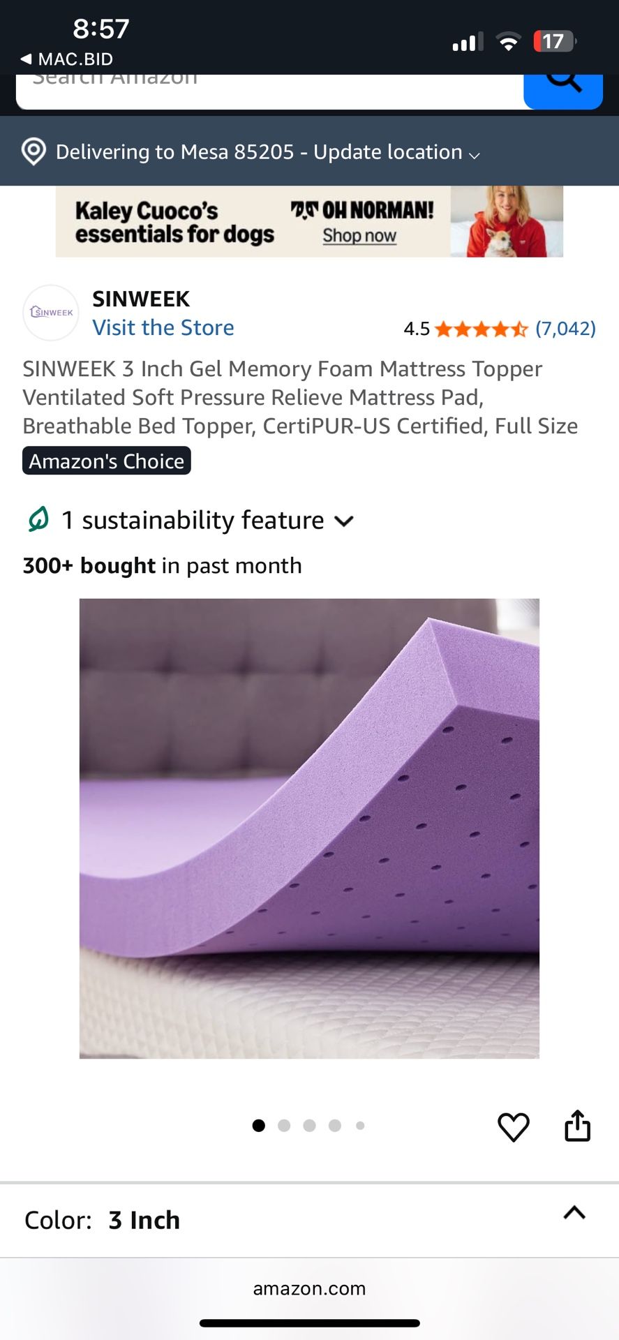 Sinweek 3” Gel Memory Foam Mattress Topper. Full Size