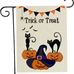 Halloween Garden Flag, Vertical Double Sided Pumpkin Black Cat Halloween Flag Burlap Trick or Treat Garden Flag Halloween Decorations Outdoor Yard Fla
