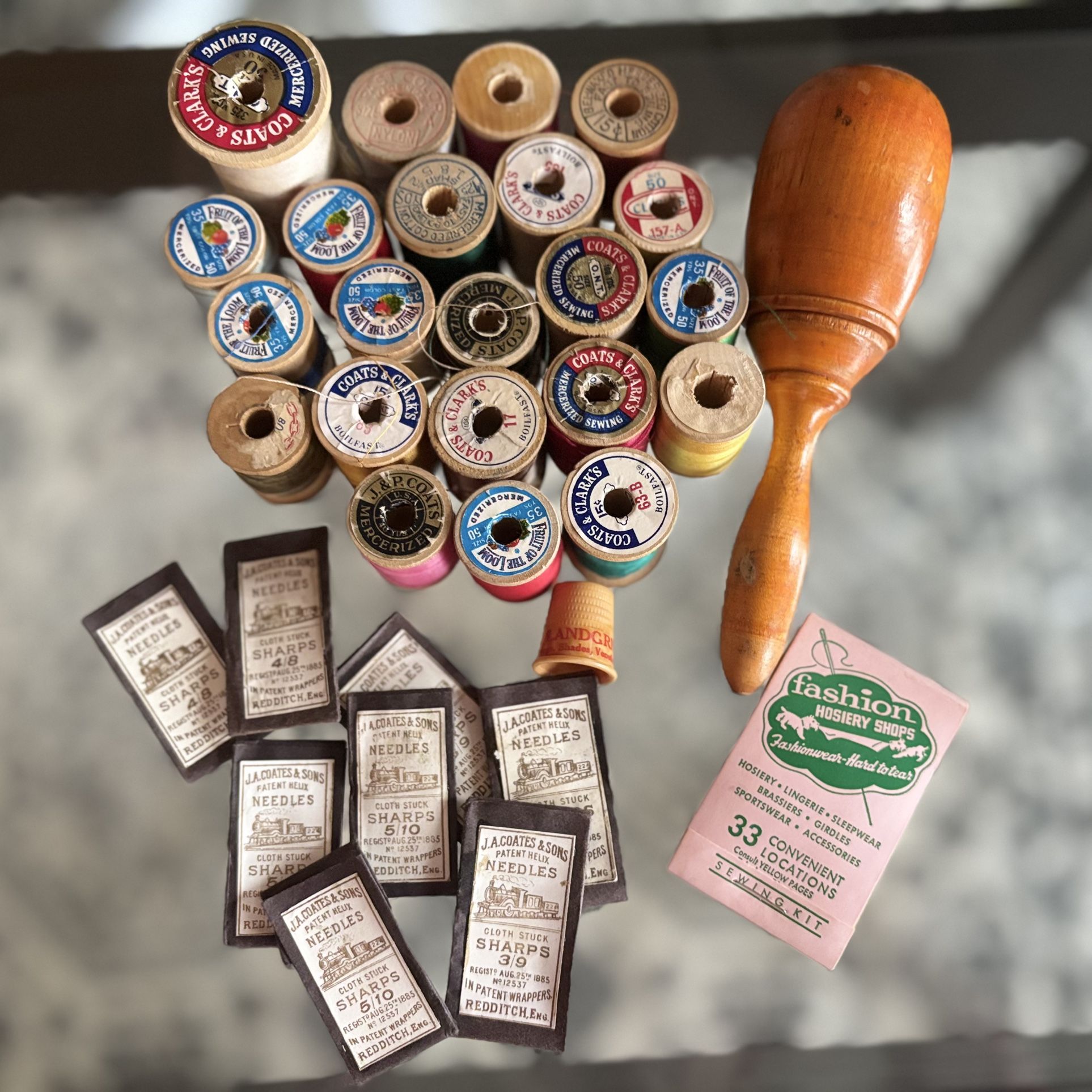 Vintage Sewing Notions, Wooden Spools And Thread