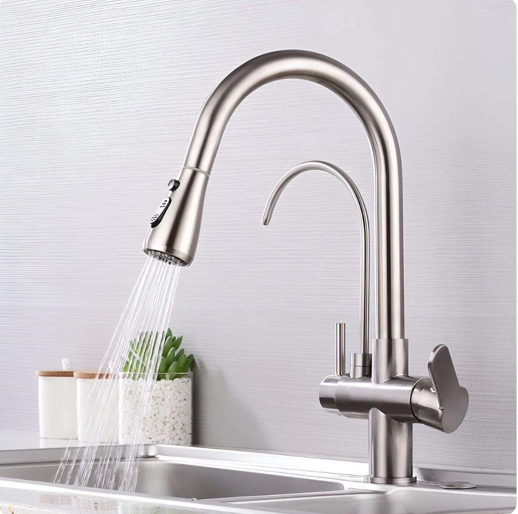 Karlstad - Three-Way Kitchen Faucet with Filter Tap & Pull-Out Spout for Kitchen Sink Brushed Nickel