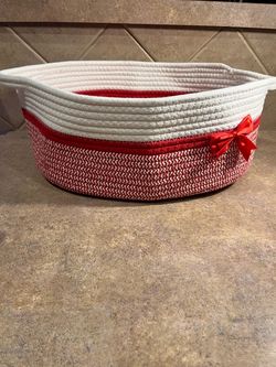 Large Woven Rope Red & White Oval Basket with Handles