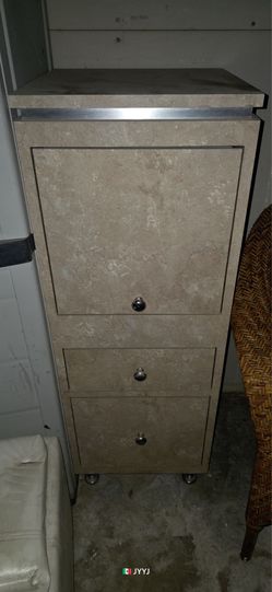 Pair of beauty salon station cabinet, beige with a stone-like finish. With built-in power strip and ports for styling tools $175 each or $300 for both