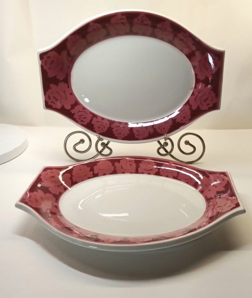Vtg Jackson China Paul McCobb Ruby and Rose Cottage Core Pair Steak Plates 1970s