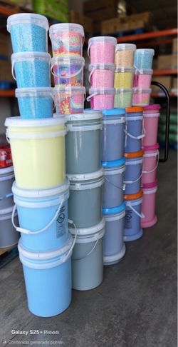 Buckets of detergent and softener