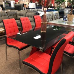 Red And Black Dining Table Set 7pc.