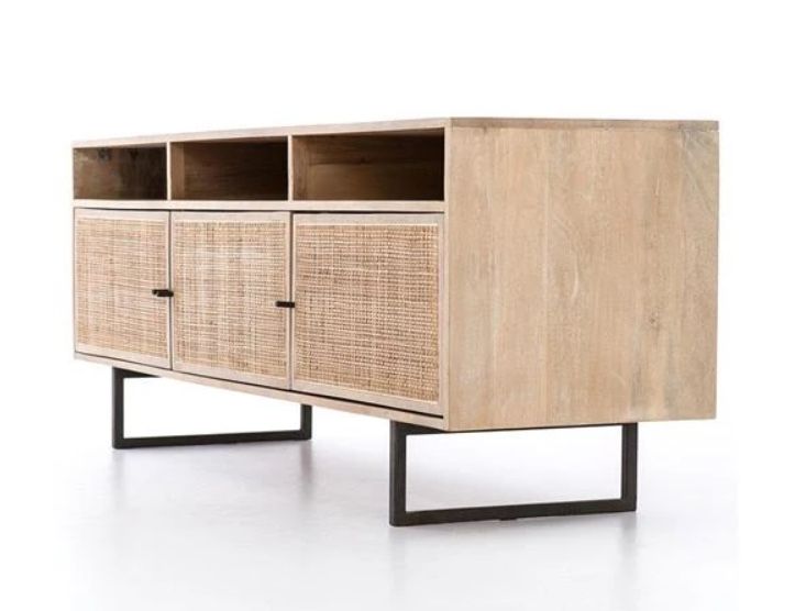 Emilie Mid Century Light Brown Mango Wood Woven Cane Iron Base Media Console-65"W, Like New, Perfec