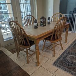 Solid Oak And Stone Top Kitchen Table And Chairs 