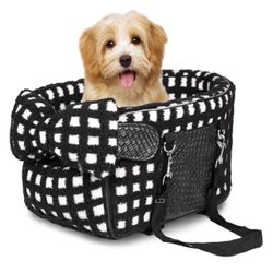 Portable Dog & Cat Car Seat - Under 13 lbs, With Cozy Bow Neck Pillow (Grid-Black)