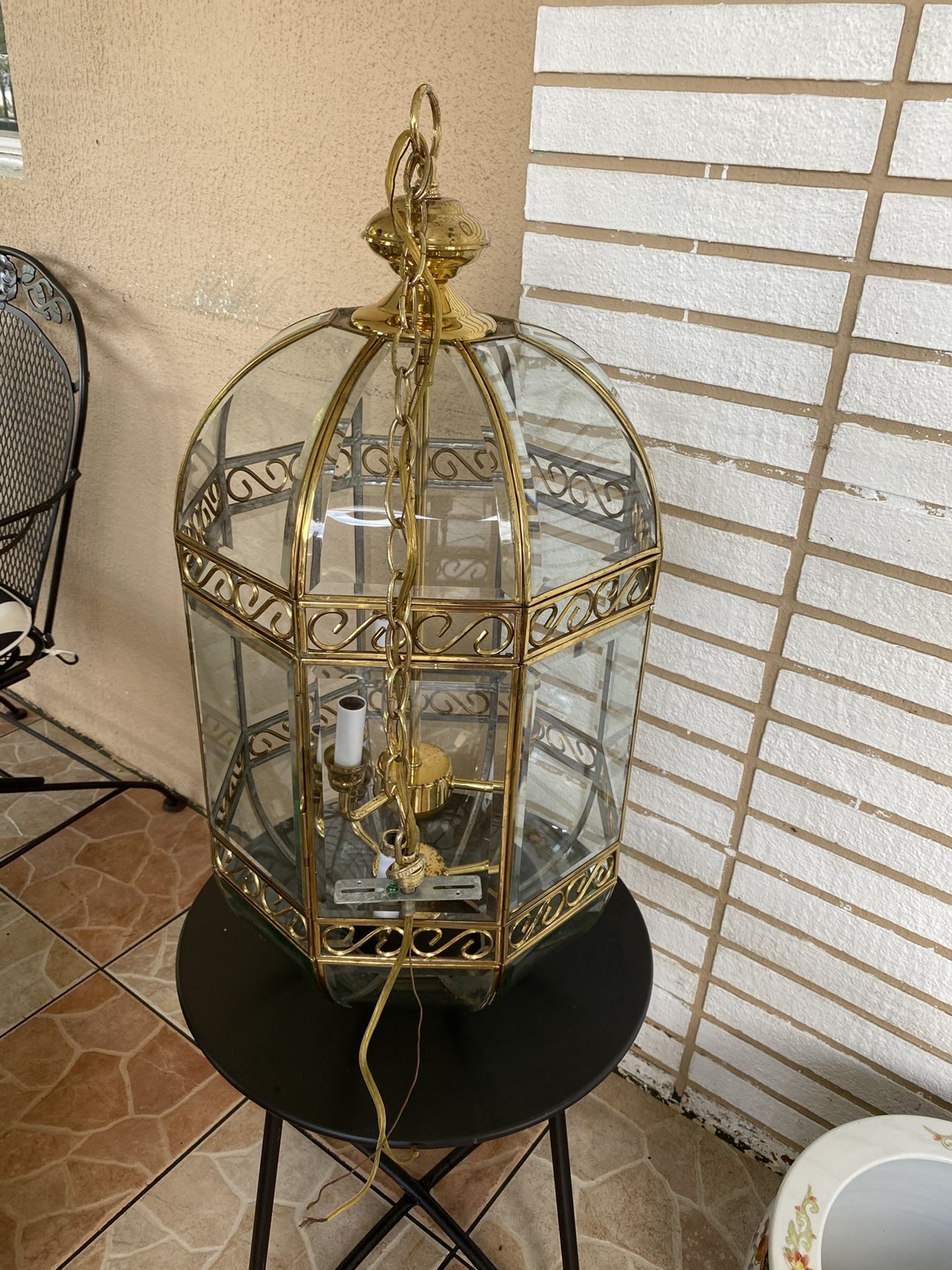 Vintage Beveled Glass Chandelier Panel Foyer Hall Ceiling Large Hanging Fixture