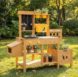 Wooden Mud Kitchen for Kids, Outdoor Play Kitchen with Real Running Water Sink, Mud Table, Gravity Water Tank, Planting Box, Critter Observation Box,