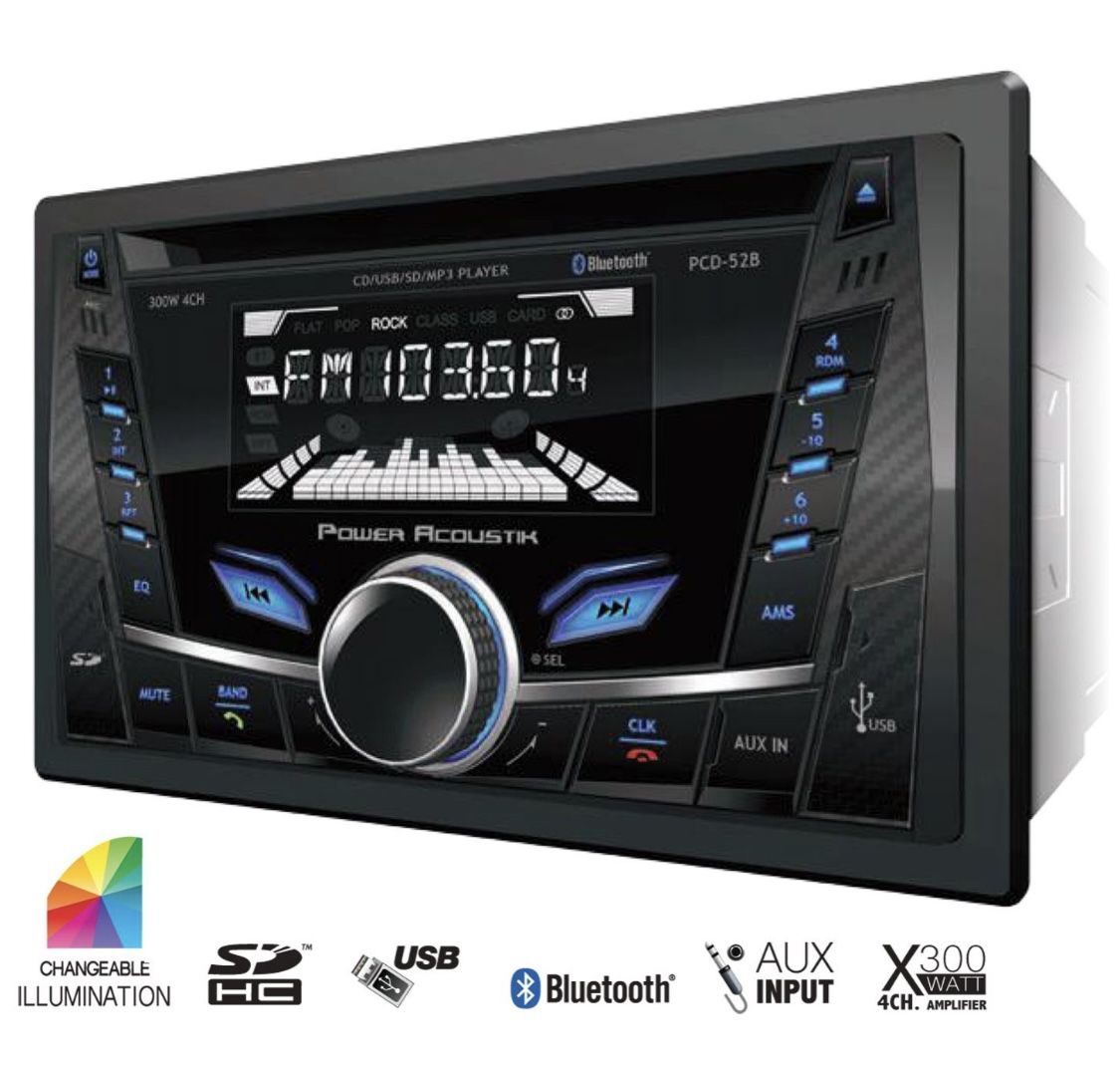 Power Acoustik PCD52B Car AM FM Receiver Radio With Bluetooth SD USB Playback