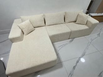 Cream Corduroy L-Shaped Sectional Sofa