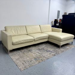 (Sold) Moroni Ivory White Mid Century Modern Leather Sofa with Right Chaise Lounge